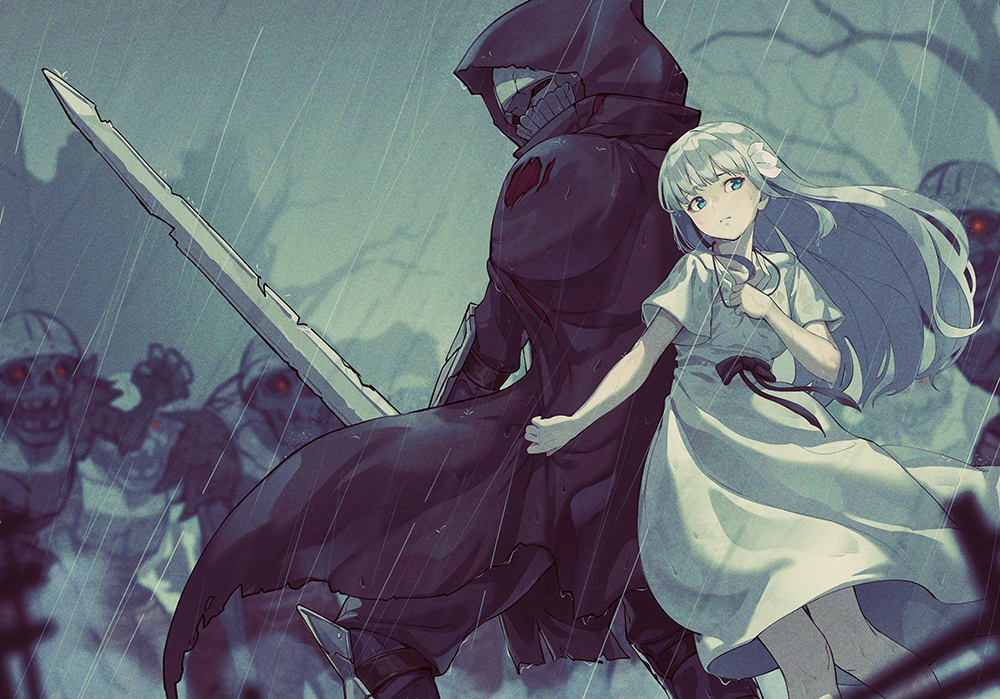 1boy 1girl armor back-to-back bare_tree black_cloak c-eye cloak commission dress ender_lilies_quietus_of_the_knights holding holding_sword holding_weapon hood hood_up hooded_cloak knight lily_(ender_lilies) long_hair outdoors pixiv_commission rain sword tree umbral_knight_(ender_lilies) undead weapon white_dress white_hair