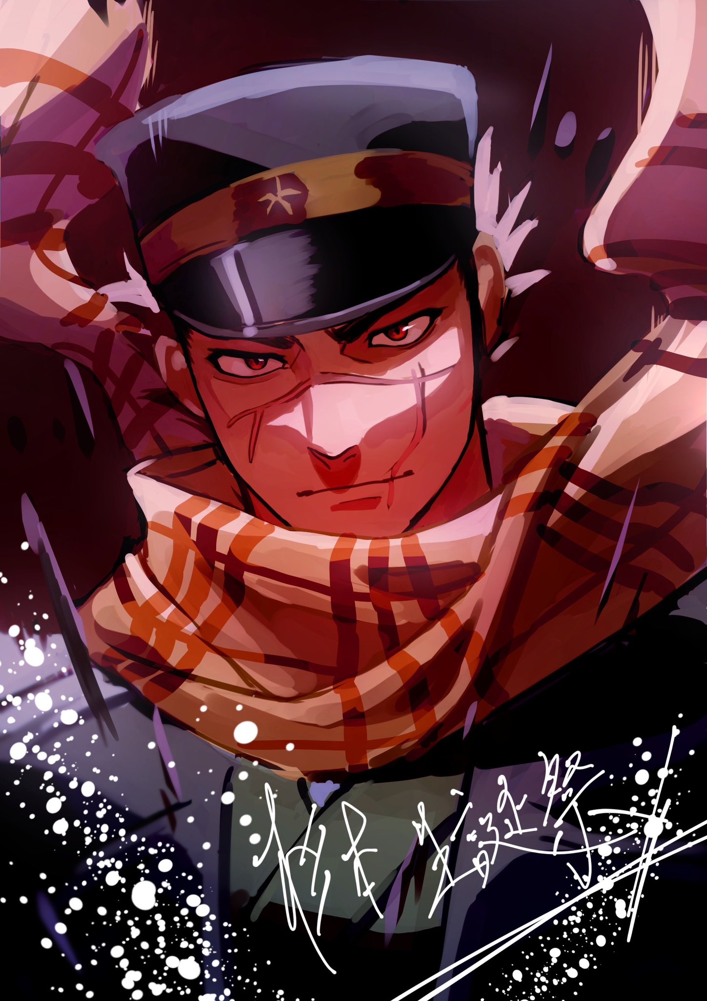 1boy birthday floating_clothes golden_kamuy hat highres kepi light_smile looking_at_viewer male_focus military_hat rai_2525fugasi scar scar_on_cheek scar_on_face scar_on_nose smear_frame solo sugimoto_saichi upper_body