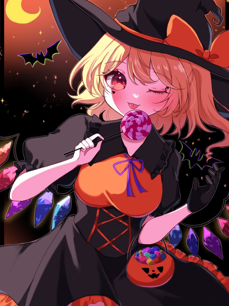 1girl alternate_costume bat_(animal) black_gloves blonde_hair candy cowboy_shot crescent_moon crystal_wings flandre_scarlet food gloves hat jack-o'-lantern lollipop moon night night_sky one_eye_closed outdoors siomi_403 sky solo star_(sky) tongue tongue_out touhou witch witch_hat