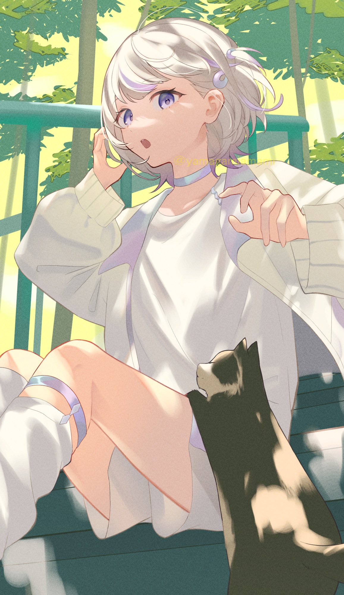 1girl :o cat choker collarbone dappled_sunlight day feet_out_of_frame forest from_side gradient_hair hair_behind_ear hand_in_own_hair highres hololive hololive_dev_is jacket long_sleeves looking_at_viewer loose_socks multicolored_hair nature open_clothes open_jacket open_mouth outdoors purple_hair railing shirt short_hair shorts sidelocks sitting sitting_on_stairs socks solo stairs sunlight todoroki_hajime tree violet_eyes virtual_youtuber white_choker white_hair white_jacket white_shirt white_shorts white_socks yamagamiamami
