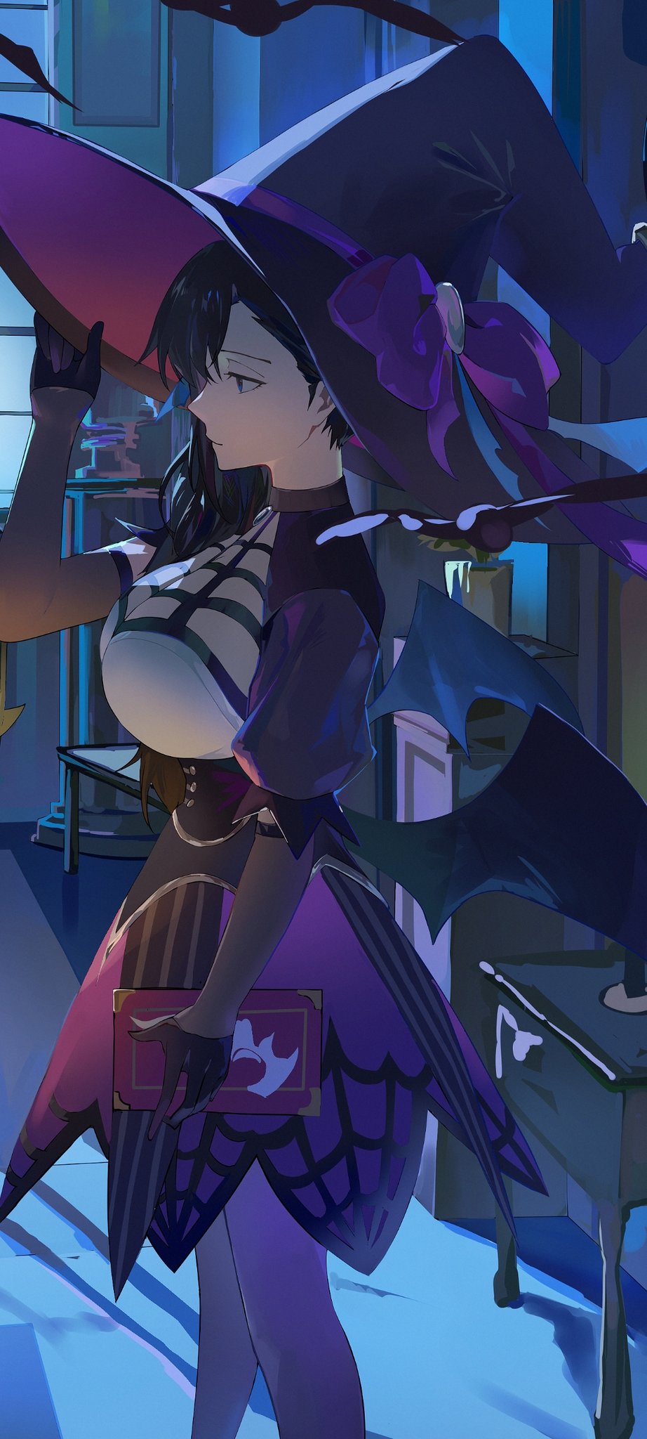 1girl adjusting_clothes adjusting_headwear bat_(animal) bat_wings black_hair bleach bleach:_brave_souls blue_eyes book bow breasts burn_the_witch corset cowboy_shot from_side hat hat_bow highres holding holding_book indoors large_breasts large_hat long_hair low_wings night nightstand niihashi_noel skirt solo standing table window wings witch witch_hat zzz_zhi_he