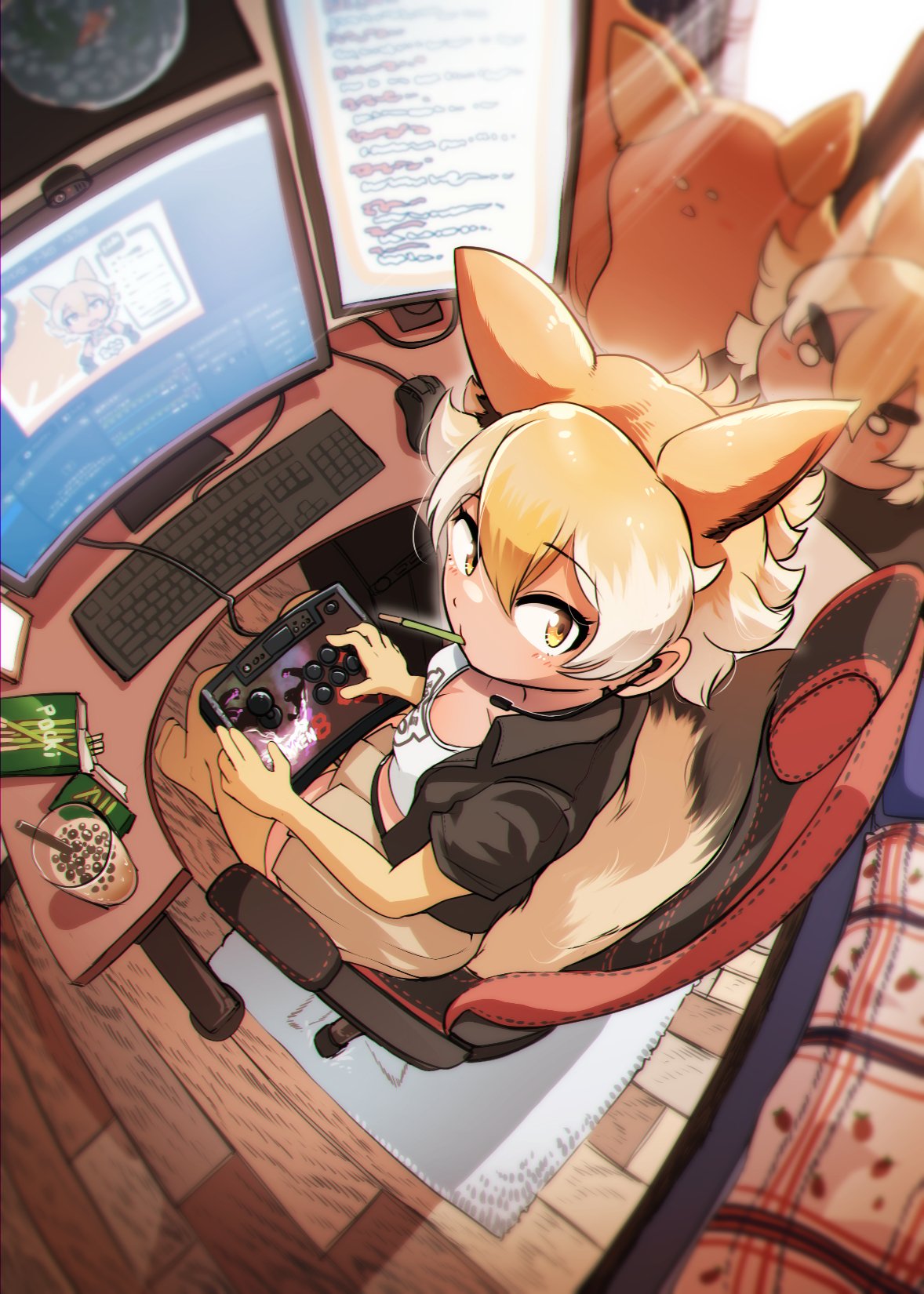 1girl animal_ears blonde_hair chair controller coyopotato coyote_(kemono_friends) elbow_gloves extra_ears game_controller gloves highres jacket kemono_friends kemono_friends_v_project keyboard_(computer) looking_at_viewer mcgunngu microphone monitor shirt short_hair skirt stuffed_toy tail thigh-highs virtual_youtuber wolf_ears wolf_girl wolf_tail yellow_eyes