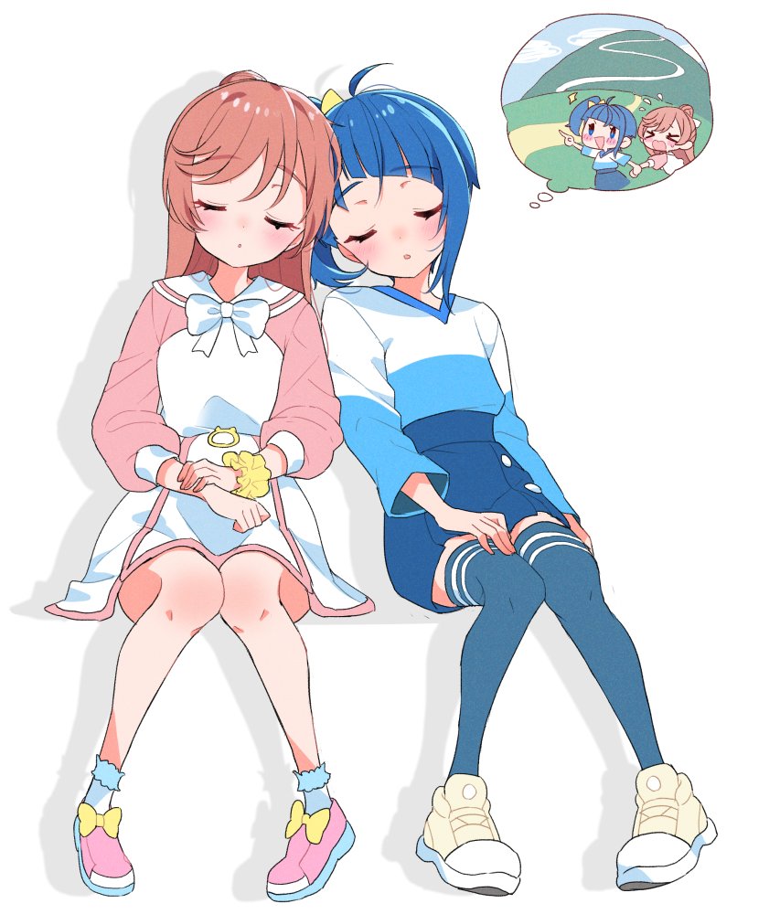 2girls ahoge blue_hair blue_thighhighs brown_hair character_request copyright_request dreaming izumi_kirifu long_hair long_sleeves multiple_girls shoes short_hair short_ponytail side_ponytail sleeping sneakers thigh-highs thought_bubble white_footwear yuri