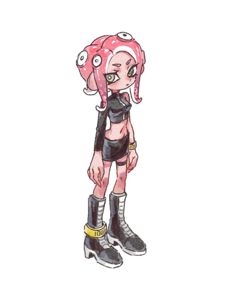 1girl agent_8_(splatoon) arms_at_sides black_skirt boots breasts bright_pupils crop_top long_sleeves medium_breasts medium_hair miniskirt navel octoling octoling_girl octoling_player_character pencil_skirt redhead simple_background single_bare_shoulder single_sleeve skirt solo splatoon_(series) splatoon_2 splatoon_2:_octo_expansion standing suction_cups tentacle_hair thenintlichen96 thigh_strap white_background white_pupils yellow_eyes