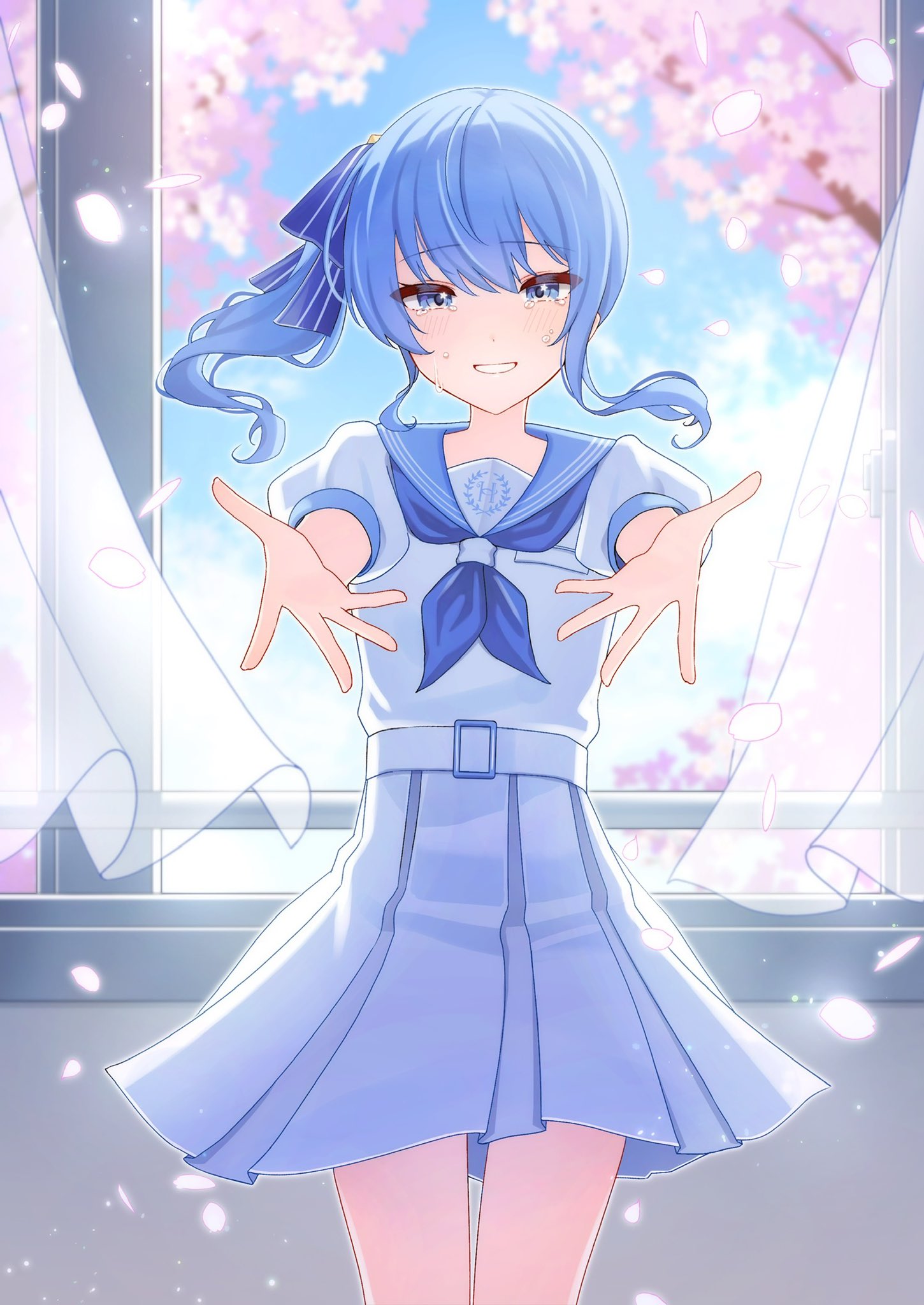 1girl :d belt blue_eyes blue_hair blue_neckerchief blue_sailor_collar blue_sky blush cherry_blossoms cowboy_shot crying crying_with_eyes_open curtains day dot_nose falling_petals floating_hair grin high-waist_skirt highres hololive hoshimachi_suisei indoors legs_together long_hair neckerchief open_mouth outstretched_arms petals pleated_skirt reaching reaching_towards_viewer sailor_collar school_uniform serafuku shirt shirt_tucked_in side_ponytail sidelocks skirt sky smile solo tears teeth thigh_gap tsumurimai virtual_youtuber white_belt white_serafuku white_shirt white_skirt window