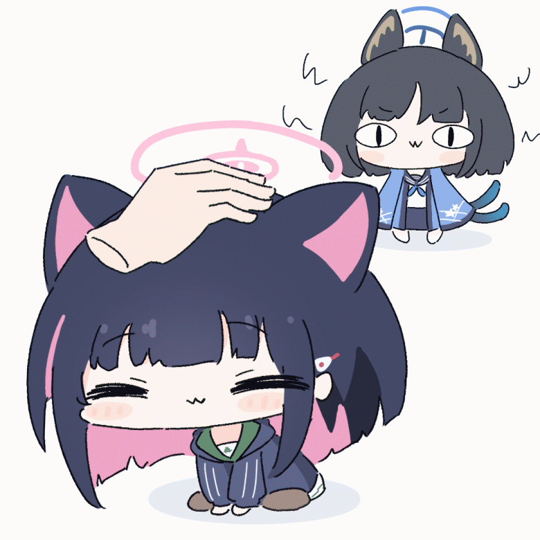 2girls animal_ear_fluff animal_ears animated animated_gif black_hair blue_archive blue_halo blue_neckerchief blunt_bangs cat_ears cat_tail chibi closed_eyes closed_mouth hair_ornament hairclip halo heart jealous kazusa_(blue_archive) kikyou_(blue_archive) long_sleeves medium_hair multicolored_hair multiple_girls multiple_tails neckerchief no_nose petting pink_hair pink_halo sailor_collar shirt skirt slit_pupils standing tail two-tone_hair umihio white_shirt