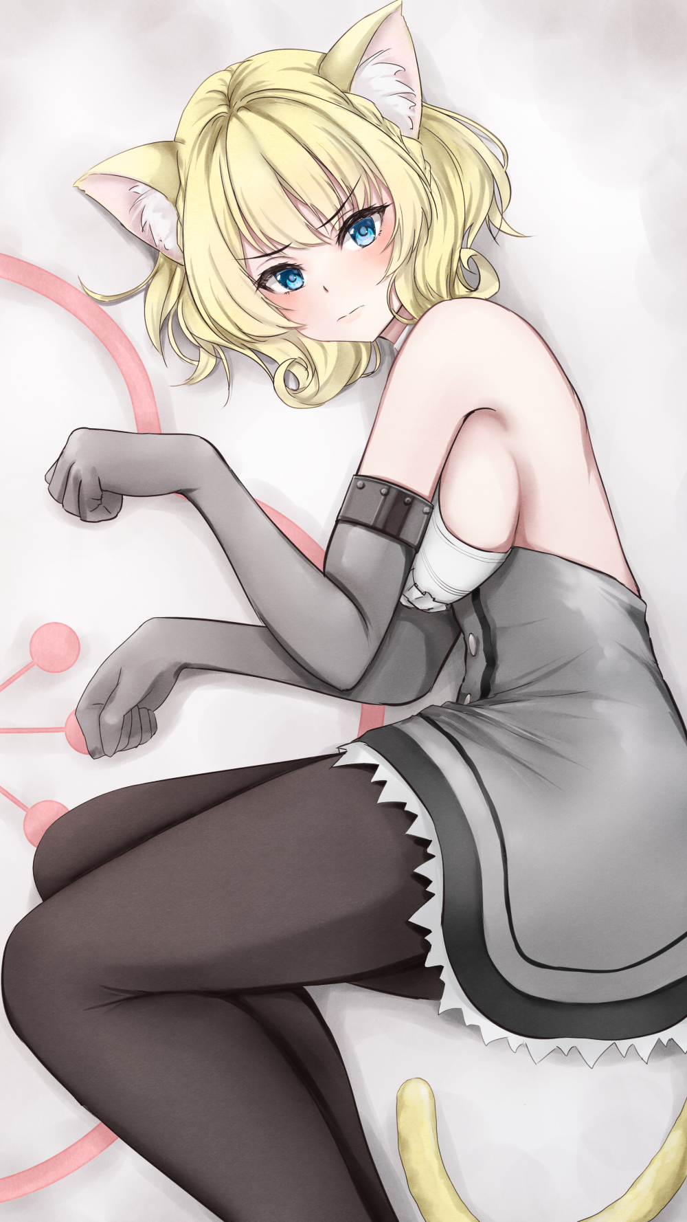 1girl animal_ears black_pantyhose blonde_hair blue_eyes braid breasts cat_ears cat_tail colorado_(kancolle) dress elbow_gloves gloves grey_dress grey_gloves highres kantai_collection kemonomimi_mode koru_pera large_breasts looking_at_viewer lying on_side pantyhose pleated_dress shirt short_dress short_hair side_braids sideboob sideless_shirt sleeveless solo tail white_shirt