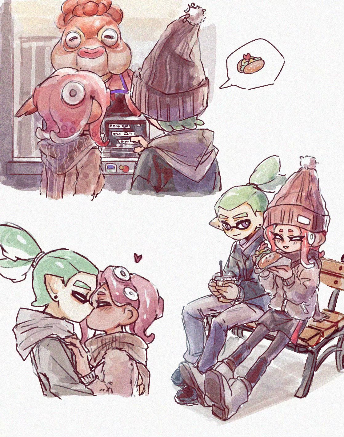 1boy 2girls ^_^ agent_3_(splatoon) agent_8_(splatoon) aqua_hair bright_pupils brown_scarf chinese_commentary closed_eyes closed_mouth cup disposable_cup film_grain food grey_jacket hair_behind_ear heart hetero highres holding holding_cup holding_food inkling inkling_boy inkling_player_character jacket kiss marigold_(splatoon) medium_hair multiple_girls octoling octoling_girl octoling_player_character pointy_ears ponytail redhead scarf short_hair sitting smile speech_bubble splatoon_(series) spoken_object tentacle_hair thenintlichen96 violet_eyes white_pupils wooden_bench