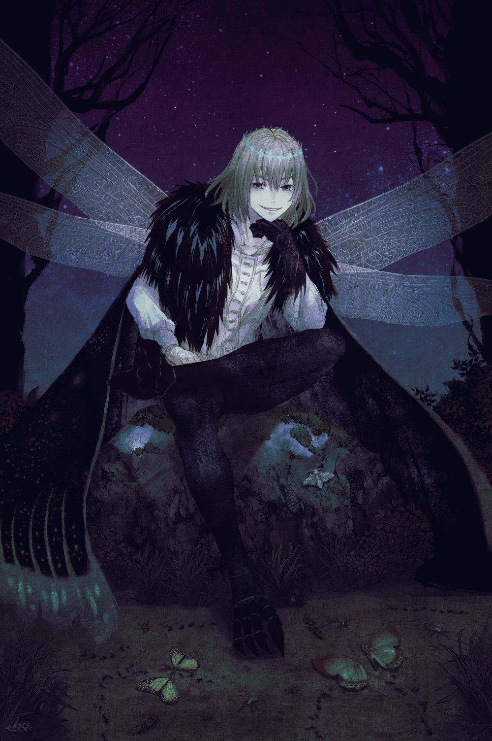 1boy ant ayamatazu bare_tree black_cape bug butterfly cape caterpillar crossed_legs dress_shirt fate/grand_order fate_(series) full_body fur-trimmed_cape fur_trim grass grey_eyes grey_hair grin highres moth night night_sky oberon_(fate) oberon_(third_ascension)_(fate) outdoors rock shirt short_hair sitting sitting_on_rock sky smile solo star_(sky) tree white_shirt