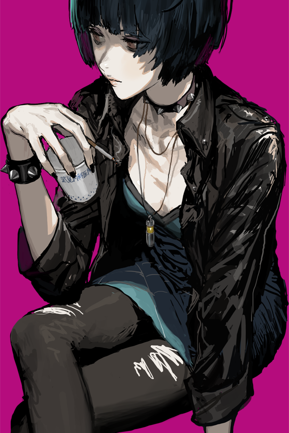 1girl black_hair black_jacket bracelet brown_eyes choker cigarette cup disposable_cup dress green_dress jacket jewelry necklace pantyhose persona persona_5 pink_background rr_(suisse200) short_hair silk simple_background spider_web spiked_bracelet spiked_choker spikes takemi_tae torn_clothes torn_pantyhose
