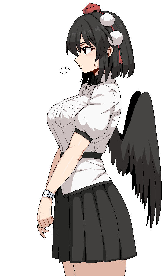 1girl belt bird_wings black_belt black_hair black_skirt black_wings breasts closed_mouth cowboy_shot feathered_wings formicid from_side hat large_breasts miniskirt pleated_skirt pom_pom_(clothes) red_eyes shameimaru_aya shirt short_hair skirt solo sweatdrop tassel thighs tokin_hat touhou watch watch white_shirt wings