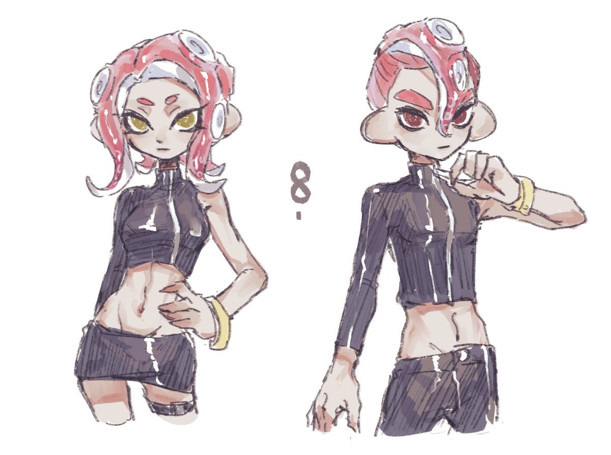 1boy 1girl :| agent_8_(splatoon) arm_behind_back black_skirt breasts closed_mouth crop_top groin hand_on_own_hip hand_up long_sleeves medium_breasts medium_hair miniskirt navel octoling octoling_boy octoling_girl octoling_player_character pencil_skirt red_eyes redhead short_hair simple_background single_bare_shoulder single_sleeve skirt splatoon_(series) splatoon_2 splatoon_2:_octo_expansion suction_cups tentacle_hair thenintlichen96 white_background yellow_eyes