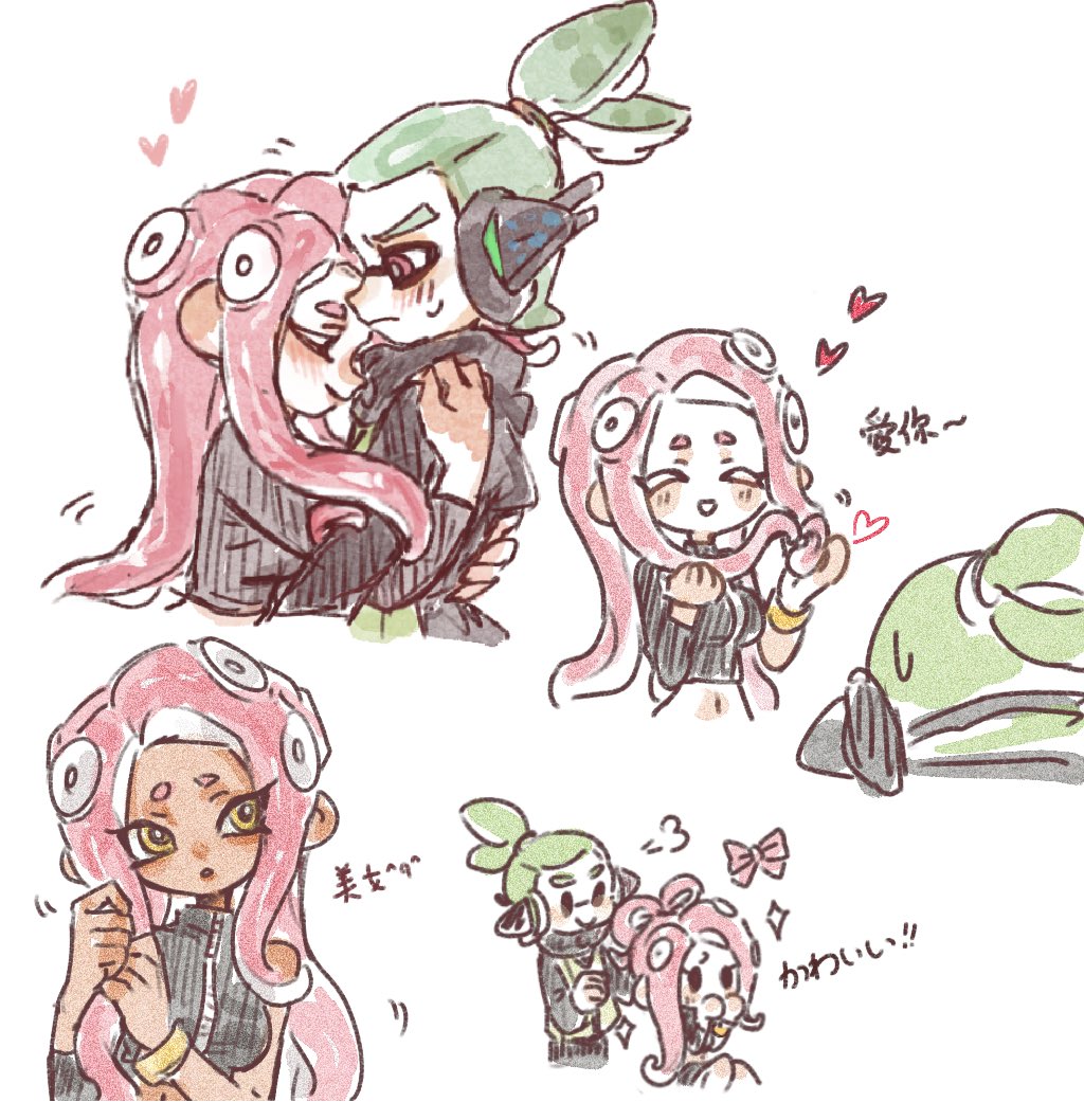 1boy 1girl :d :o ^_^ agent_3_(splatoon) agent_8_(splatoon) breasts bright_pupils chinese_commentary closed_eyes closed_mouth frown green_hair headgear heart hug inkling inkling_boy inkling_player_character long_hair long_sleeves medium_breasts motion_lines octoling octoling_girl octoling_player_character ponytail red_eyes redhead short_hair simple_background single_bare_shoulder single_sleeve smile splatoon_(series) splatoon_2 splatoon_2:_octo_expansion suction_cups tentacle_hair thenintlichen96 very_long_hair white_background white_pupils yellow_eyes zipper