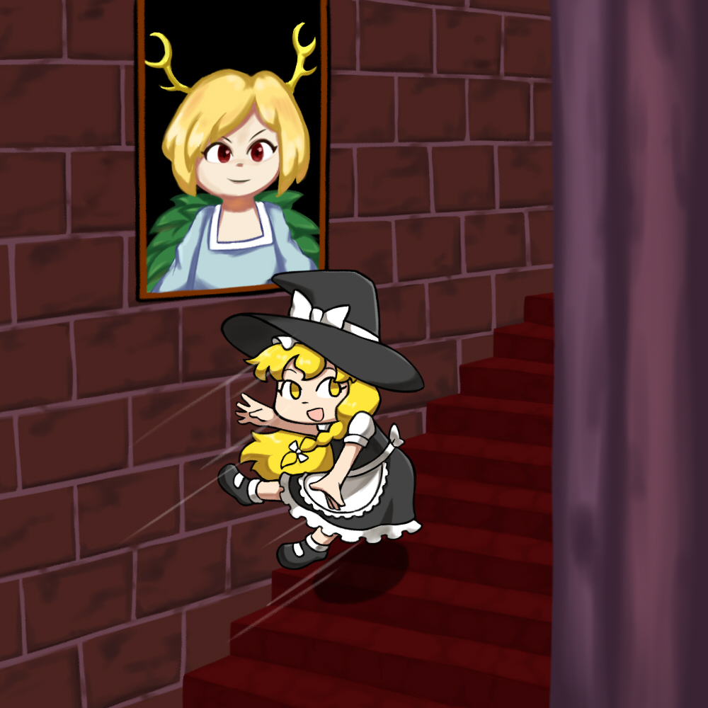 1girl :d apron backwards_long_jump black_dress black_footwear black_headwear blonde_hair bow braid brick_wall chibi chibi_only commentary dragon_horns dress edgycat english_commentary hair_bow hat hat_bow horns indoors jumping kicchou_yachie kirisame_marisa long_hair looking_at_viewer mary_janes medium_hair open_mouth painting_(object) red_eyes shoes short_sleeves side_braid smile socks solo square_neckline stairs super_mario_64 super_mario_bros. touhou waist_apron white_apron white_bow white_socks wide_shot witch witch_hat yellow_eyes