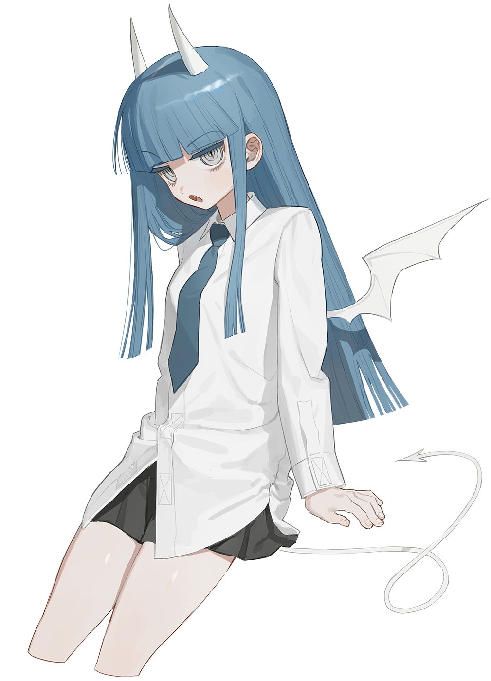 1girl :o black_skirt blue_hair blue_necktie collared_shirt cropped_legs demon_tail demon_wings from_side frost_fog grey_eyes highres horns invisible_chair legs_apart long_hair long_sleeves looking_at_viewer mini_wings miniskirt necktie open_mouth original pleated_skirt ringed_eyes school_uniform shirt simple_background sitting skirt slit_pupils solo straight_hair tail white_background white_shirt wings