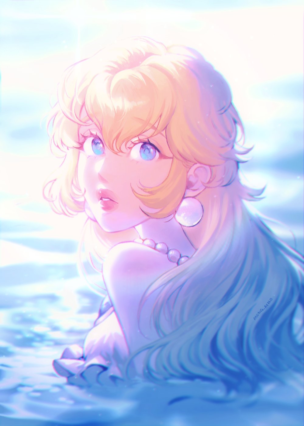 1girl blonde_hair blue_eyes earrings highres jewelry long_hair mermaid_peach mong_(mong_milo) necklace official_alternate_costume partially_submerged pearl_earrings pearl_necklace pink_lips portrait princess_peach princess_peach:_showtime! solo sphere_earrings super_mario_bros. water