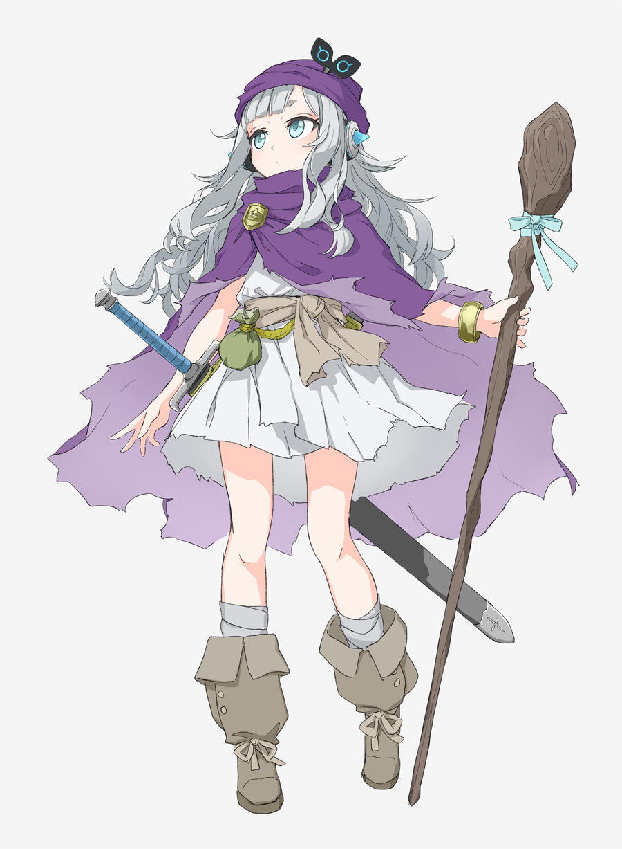 1girl and_uge blue_eyes blunt_bangs blush boots cape closed_mouth commentary_request cosplay dragon_quest dragon_quest_v dress expressionless fold-over_boots full_body grey_background grey_dress grey_footwear grey_hair grey_socks hairpods highres holding holding_staff long_hair looking_afar nanashi_inc. pouch purple_cape rokkaku_game simple_background socks solo staff standing sword tabitha_(dq5) tabitha_(dq5)_(cosplay) virtual_youtuber weapon winding_key