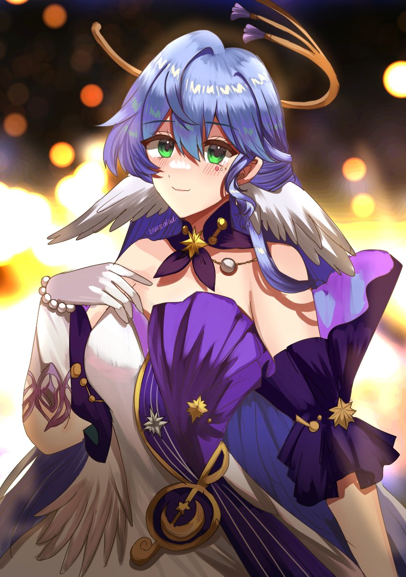 1girl arm_at_side bare_shoulders blue_hair blue_sealad blurry blush bokeh closed_mouth cowboy_shot depth_of_field detached_collar dot_nose dress gloves green_eyes halo hand_on_own_chest head_wings honkai:_star_rail honkai_(series) looking_at_viewer robin_(honkai:_star_rail) sleeveless sleeveless_dress smile solo white_dress white_gloves wings
