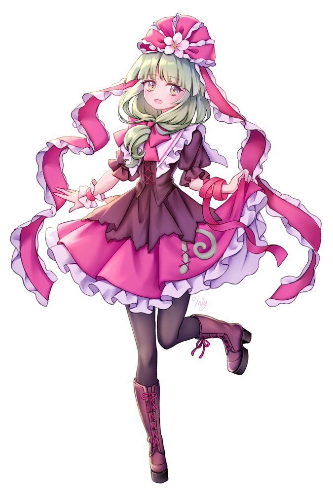 1girl arm_ribbon boots bow brown_footwear cross-laced_footwear dress frilled_dress frilled_ribbon frilled_sleeves frills full_body green_eyes green_hair hair_bow hair_ribbon kagiyama_hina lifted_by_self looking_at_viewer miy_001 puffy_short_sleeves puffy_sleeves red_bow red_ribbon ribbon short_sleeves simple_background smile solo touhou white_background