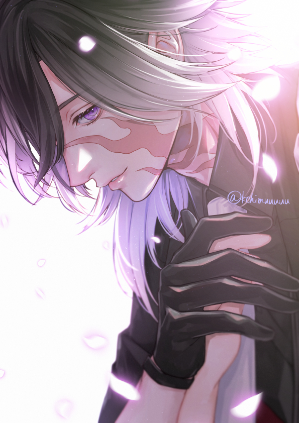 1boy artist_name black_gloves black_hair black_shirt burn_scar collared_shirt commentary falling_petals from_side gloves glowing glowing_petals gradient_hair hair_between_eyes hand_grab hand_on_another's_chest jikkyuu_mitsutada light_particles light_smile lips looking_at_viewer male_focus medium_hair multicolored_hair necktie out_of_frame parted_lips petals pov scar scar_on_face scar_on_neck shirt signature simple_background solo_focus touken_ranbu twitter_username upper_body violet_eyes white_background white_hair white_necktie wing_collar yuta_(kchimuuuuu)