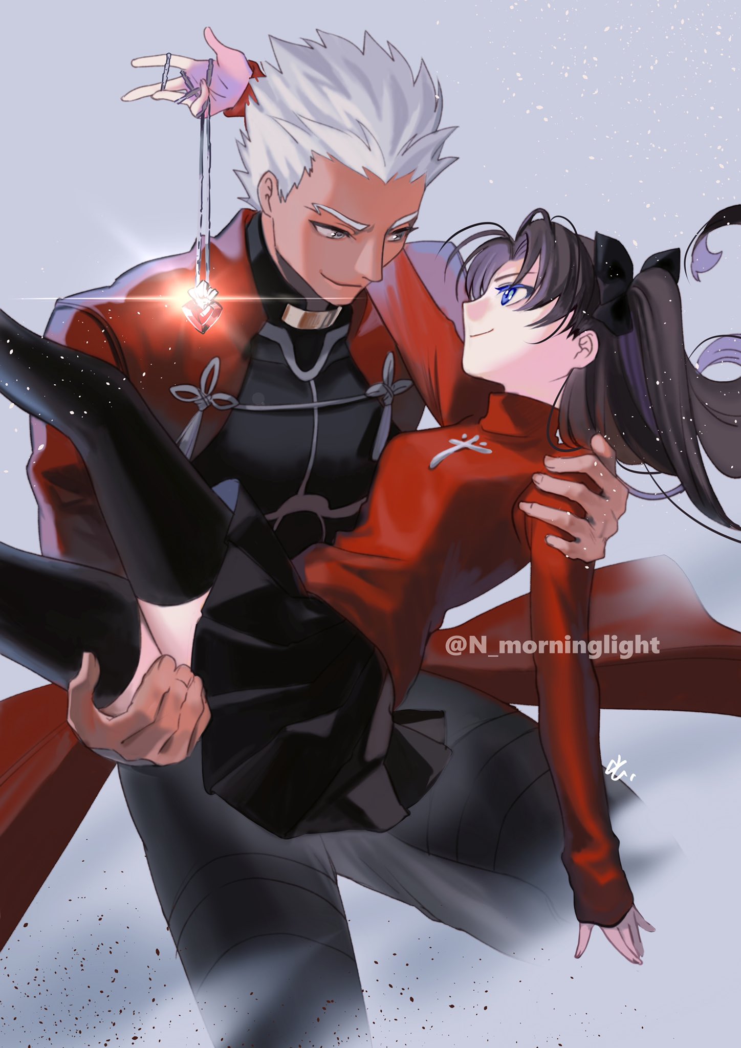 1boy 1girl asakou_(n_morninglight) black_hair black_skirt black_thighhighs blue_eyes carrying coat dark-skinned_male dark_skin fate/stay_night fate_(series) gem grey_hair highres jewelry long_hair looking_at_another necklace princess_carry red_coat red_sweater skirt smile sweater thigh-highs tohsaka_rin two_side_up zettai_ryouiki
