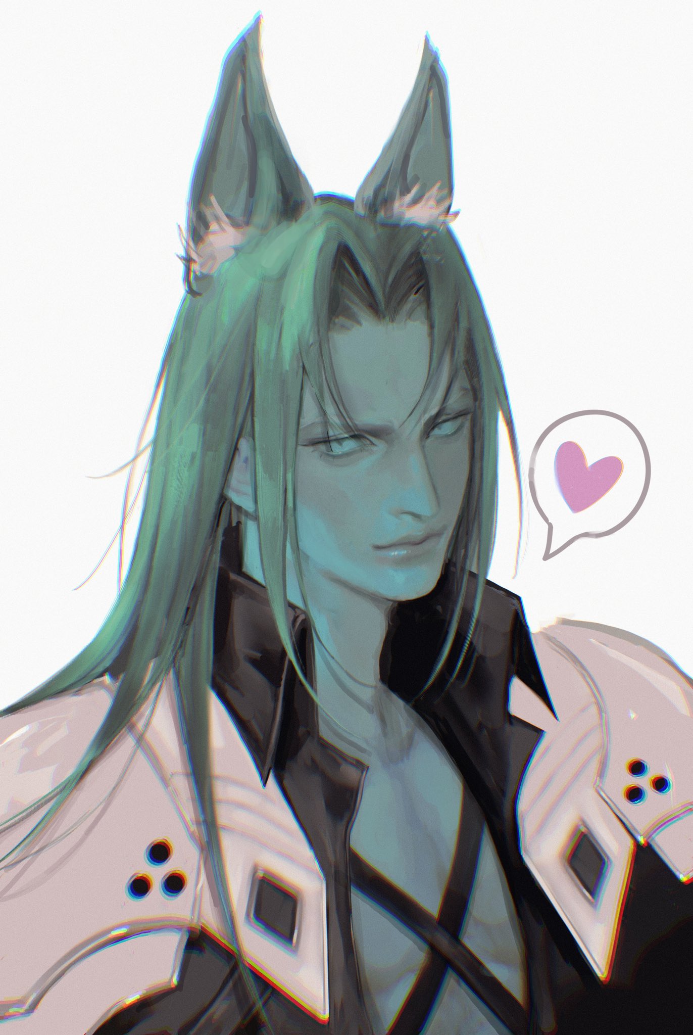 1boy animal_ears armor black_coat chest_strap coat commentary english_commentary final_fantasy final_fantasy_vii final_fantasy_vii_remake fox_ears glykonia green_eyes green_hair grey_background heart high_collar highres kemonomimi_mode light_smile long_bangs looking_at_viewer male_focus open_clothes open_coat parted_bangs pauldrons sephiroth shoulder_armor slit_pupils solo speech_bubble spoken_heart upper_body