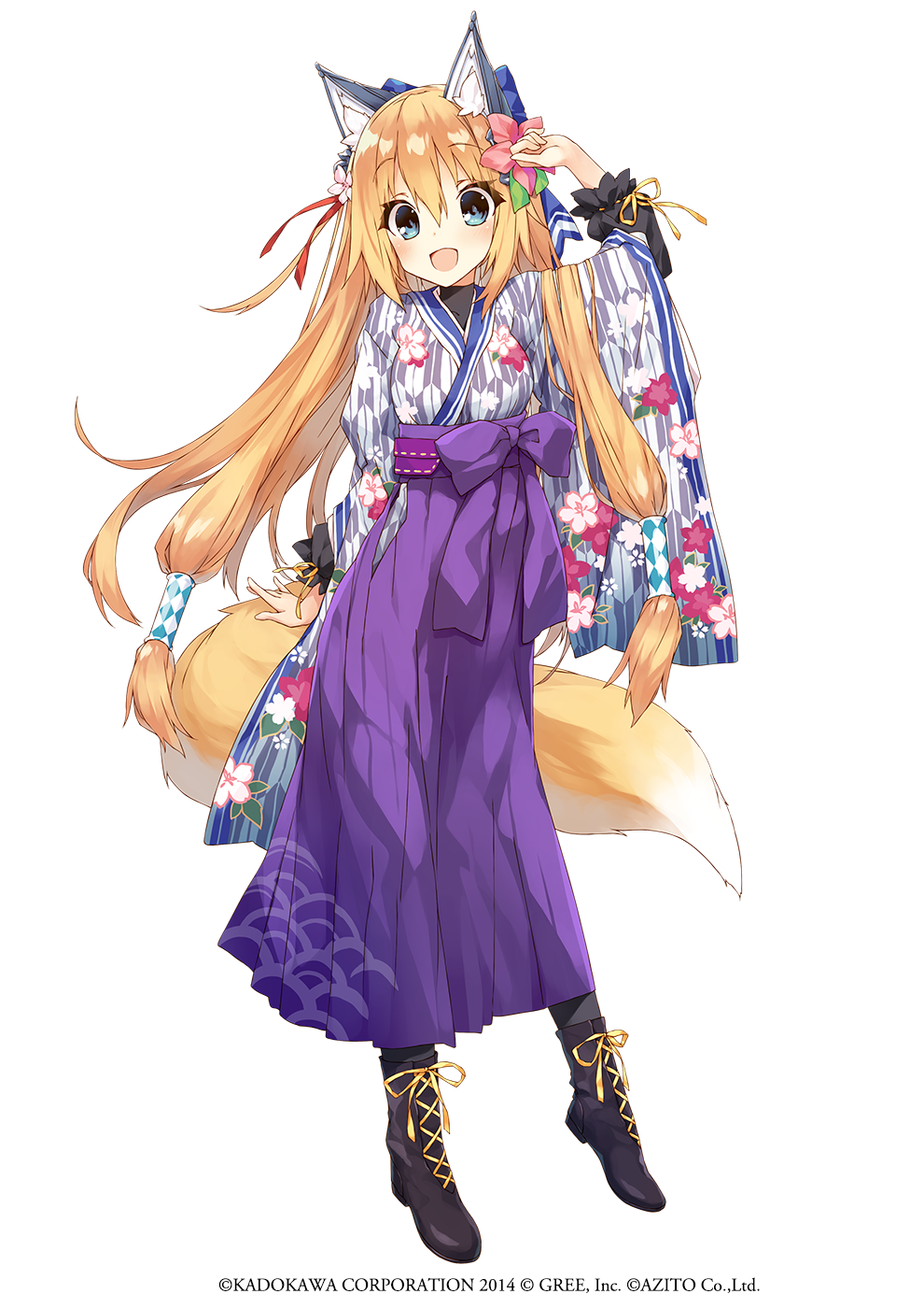 1girl :d animal_ears arm_up black_footwear blonde_hair blue_bow blue_eyes boots bow breasts commentary_request cross-laced_footwear flower fox_ears fox_girl fox_tail full_body hair_between_eyes hair_bow hair_flower hair_ornament hakama highres japanese_clothes lace-up_boots long_hair long_sleeves looking_at_viewer medium_breasts mihara_jou official_art pink_flower puffy_long_sleeves puffy_sleeves purple_hakama saeki_touma shirohime_quest simple_background smile solo standing tail very_long_hair white_background wide_sleeves yagasuri