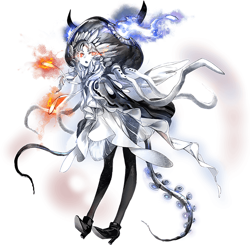 1girl abyssal_ship cloak colored_skin dress glowing hat headgear horns kantai_collection long_hair new_mass-produced_aircraft_carrier_princess official_art open_mouth pale_skin solo tail tentacles transparent_background white_dress white_hair white_skin zeco
