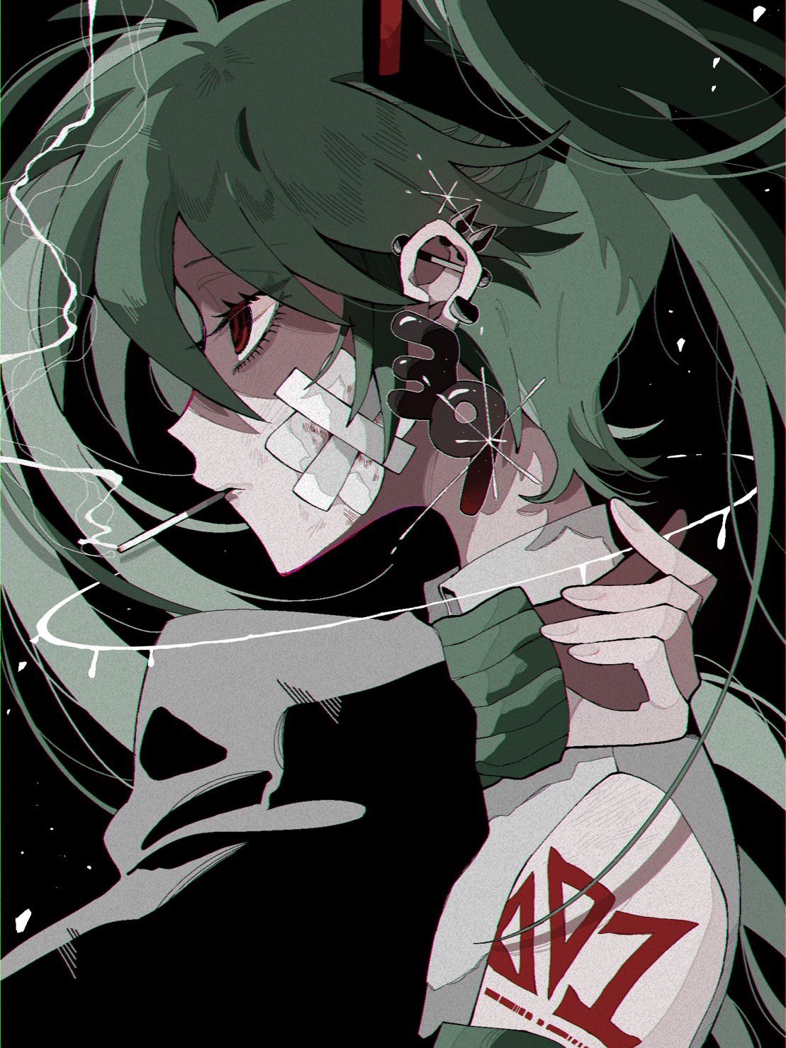 1girl 39 barbell_piercing bare_shoulders black_sleeves cigarette collared_shirt detached_sleeves ear_piercing earrings from_side gauze_on_cheek green_hair hair_between_eyes hair_ornament hatsune_miku highres industrial_piercing jewelry long_hair long_sleeves looking_ahead mouth_hold number_tattoo piercing portrait profile red_eyes ribbed_sleeves ringed_eyes shirt sidelocks sleeves_past_wrists smoke_trail smoking solo tabun_ningen tattoo twintails vocaloid white_shirt