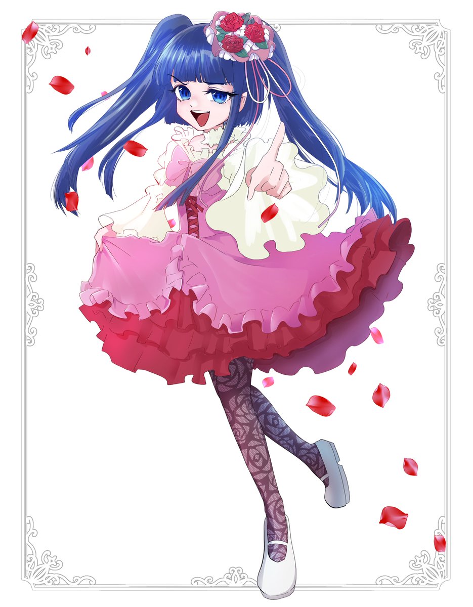 1girl blue_eyes blue_hair blunt_bangs blunt_ends bow choker cross-laced_clothes dot_nose eyelashes flat_chest floating_hair floral_print flower frilled_skirt frills full_body furudo_erika hair_flower hair_ornament high-waist_skirt highres layered_skirt leaf lolita_fashion long_hair looking_at_viewer mary_janes nigu_723 open_mouth outstretched_arm pantyhose petals pink_bow pink_headwear pink_skirt pointing pointing_at_viewer print_pantyhose puffy_sleeves red_flower red_rose red_skirt ribbon rose rose_petals shoes sidelocks skirt skirt_hold smile solo standing teeth twintails umineko_no_naku_koro_ni upper_teeth_only white_footwear wide_sleeves