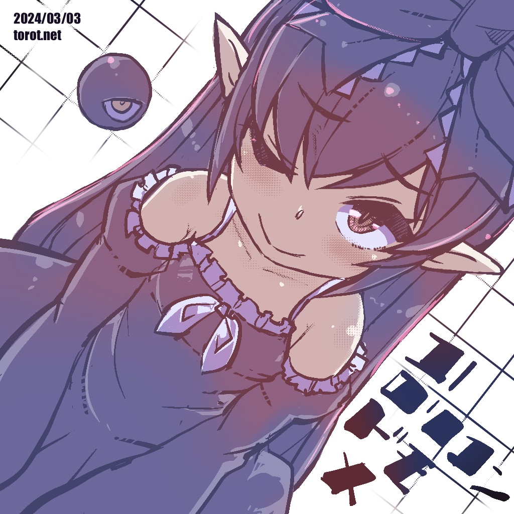 1girl backbeako backbeard black_dress black_gloves black_hair black_ribbon blush bow closed_mouth collarbone commentary dated dated_commentary dress dress_bow dutch_angle elbow_gloves gegege_no_kitarou gloves grid_background hair_over_one_eye hair_ribbon kono_lolicon_domome long_hair looking_at_viewer one_eye_closed original paid_reward_available pointy_ears red_eyes ribbon simple_background sleeveless sleeveless_dress smile solo torotei translated twintails web_address white_background