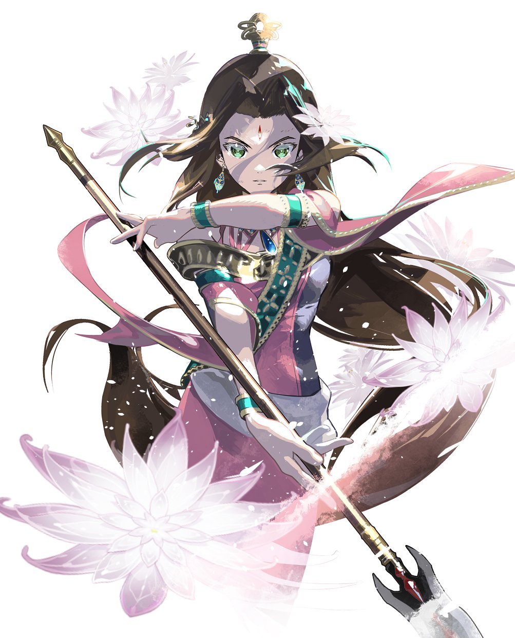 1girl brown_hair character_request closed_mouth cofffee dress earrings green_eyes highres holding holding_polearm holding_weapon jewelry long_hair looking_at_viewer polearm solo spear very_long_hair weapon white_background