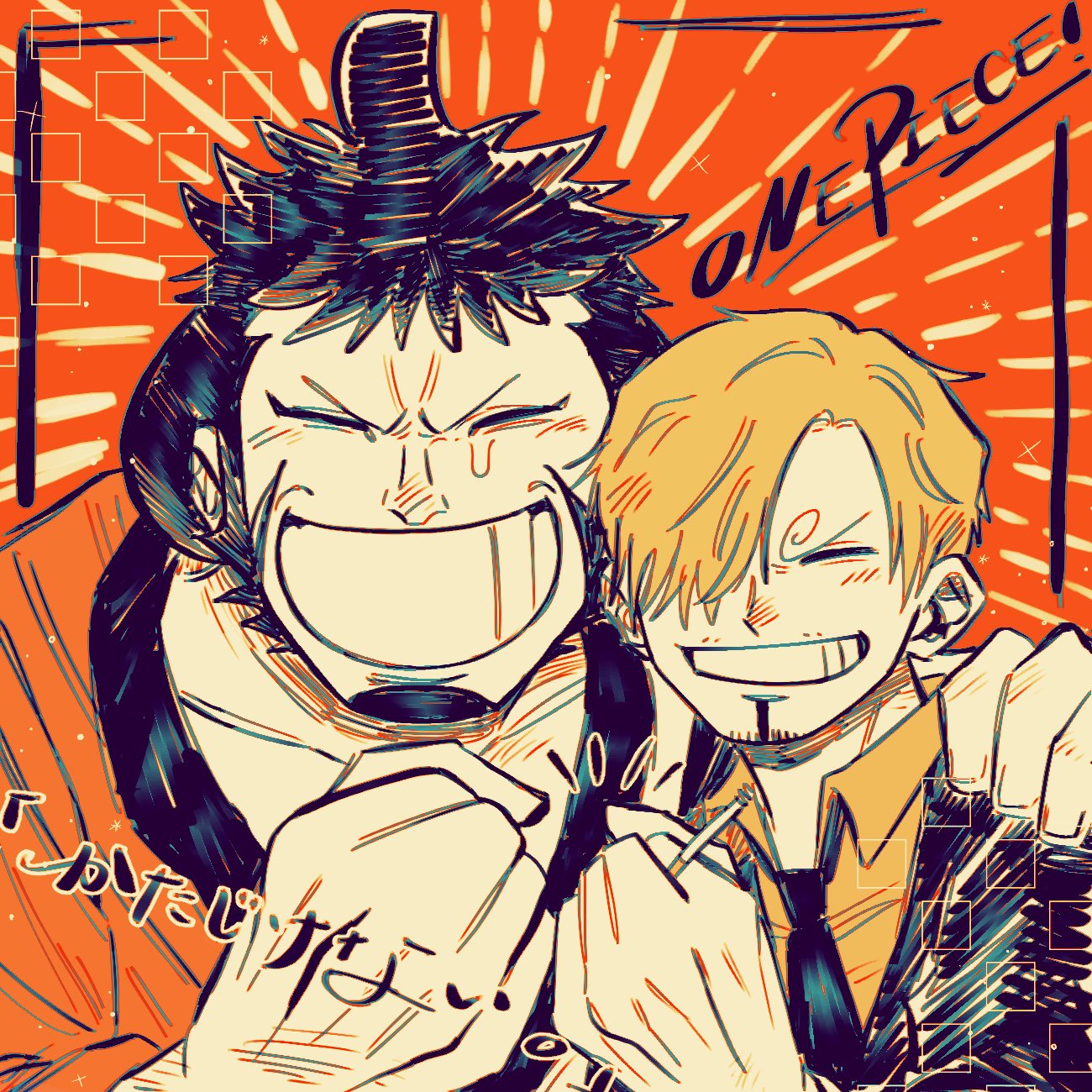 2boys ^_^ black_hair blonde_hair chonmage cigarette close-up closed_eyes commentary_request copyright_name curly_eyebrows facial_hair goatee hair_over_one_eye highres holding holding_cigarette hug japanese_clothes kimono kinemon larugo0513 male_focus multiple_boys necktie one_piece sanji_(one_piece) shirt sideburns smile topknot translation_request yellow_shirt