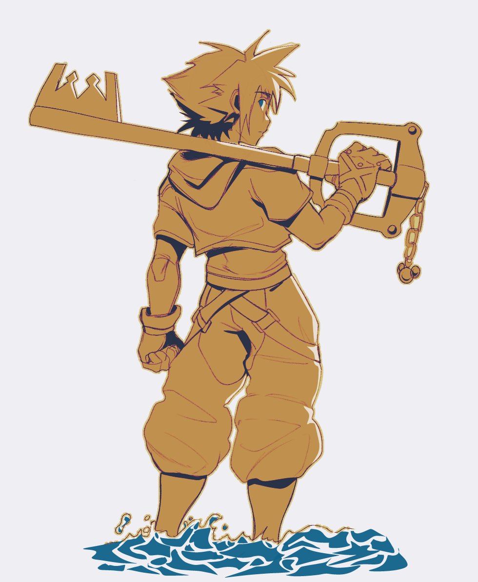 1boy blue_eyes commentary english_commentary gloves holding jacket key keyblade kingdom_hearts kingdom_key looking_at_viewer looking_back male_focus nubi_mei puddle solo sora_(kingdom_hearts) spiky_hair water weapon white_background
