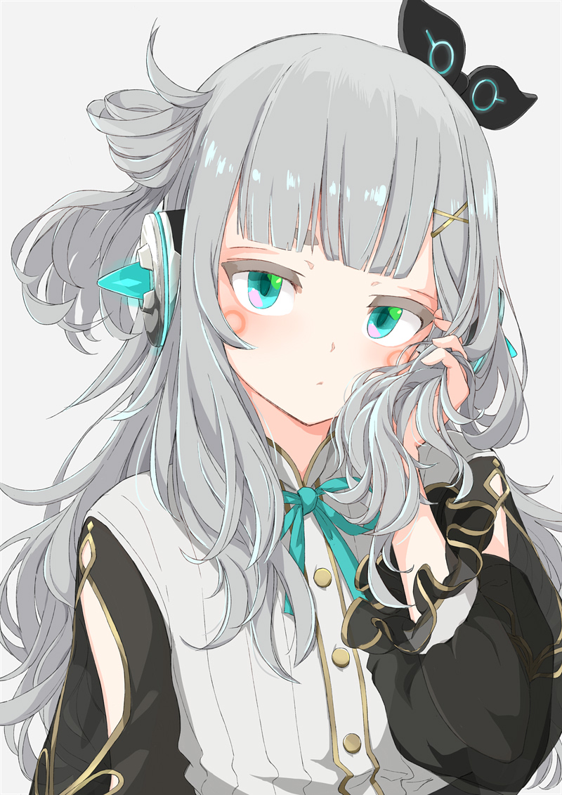 1girl and_uge black_sleeves blue_eyes blunt_bangs blush buttons circle_facial_mark closed_mouth commentary expressionless frilled_sleeves frills grey_background grey_hair hand_in_own_hair long_hair long_sleeves looking_at_viewer medium_bangs nanashi_inc. rokkaku_game shirt sidelocks simple_background solo symbol-only_commentary upper_body v_ap_art white_shirt winding_key