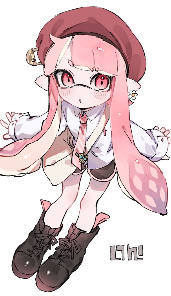 1girl :o bag beret black_footwear black_shorts blush boots collared_shirt dolphin_shorts earrings flower_earrings full_body hat hat_pin ika_esu inkling inkling_girl inkling_player_character jewelry long_hair messenger_bag necktie open_mouth pink_eyes pink_hair pink_necktie pink_trim shirt shorts shoulder_bag single_earring solo splatoon_(series) striped_necktie tentacle_hair tie_clip white_background white_shirt