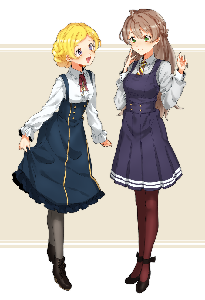 2girls ahoge alternate_costume alternate_hairstyle ankle_boots ankle_strap black_footwear blonde_hair blue_dress blue_skirt blush boots border braid breasts brown_footwear brown_hair brown_pantyhose closed_mouth dot_nose dress emily_stewart frilled_skirt frills full_body green_eyes grey_pantyhose hair_between_eyes hands_up high_heels idolmaster idolmaster_million_live! idolmaster_million_live!_theater_days large_breasts light_brown_background long_sleeves looking_at_another multiple_girls musical_note_necklace neck_ribbon necktie open_mouth outside_border pantyhose pleated_skirt purple_dress purple_skirt red_ribbon ribbon sakuramori_kaori shiman shirt simple_background skirt skirt_hold small_breasts smile standing striped_necktie two-tone_necktie violet_eyes white_border white_shirt