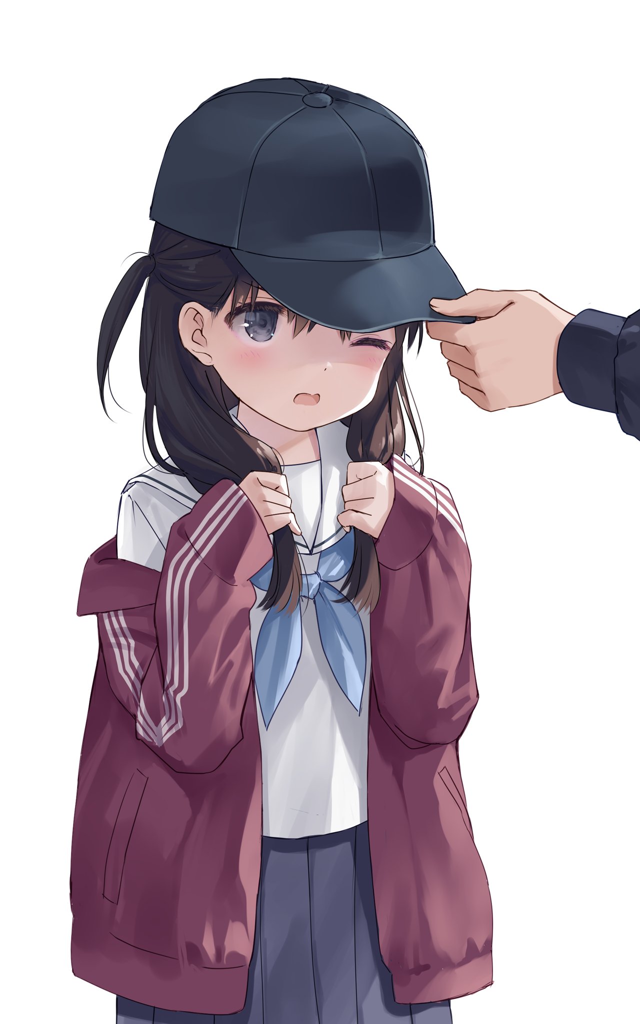 1girl 1other baseball_cap black_skirt blue_neckerchief blush brown_hair commentary_request cowboy_shot grey_eyes hands_up hat highres holding holding_clothes holding_hat holding_own_hair jacket na-ga neckerchief off_shoulder one_eye_closed open_clothes open_jacket open_mouth original out_of_frame pleated_skirt red_jacket sailor_collar school_uniform serafuku shirt simple_background skirt sleeves_past_wrists solo_focus standing track_jacket white_background white_sailor_collar white_shirt