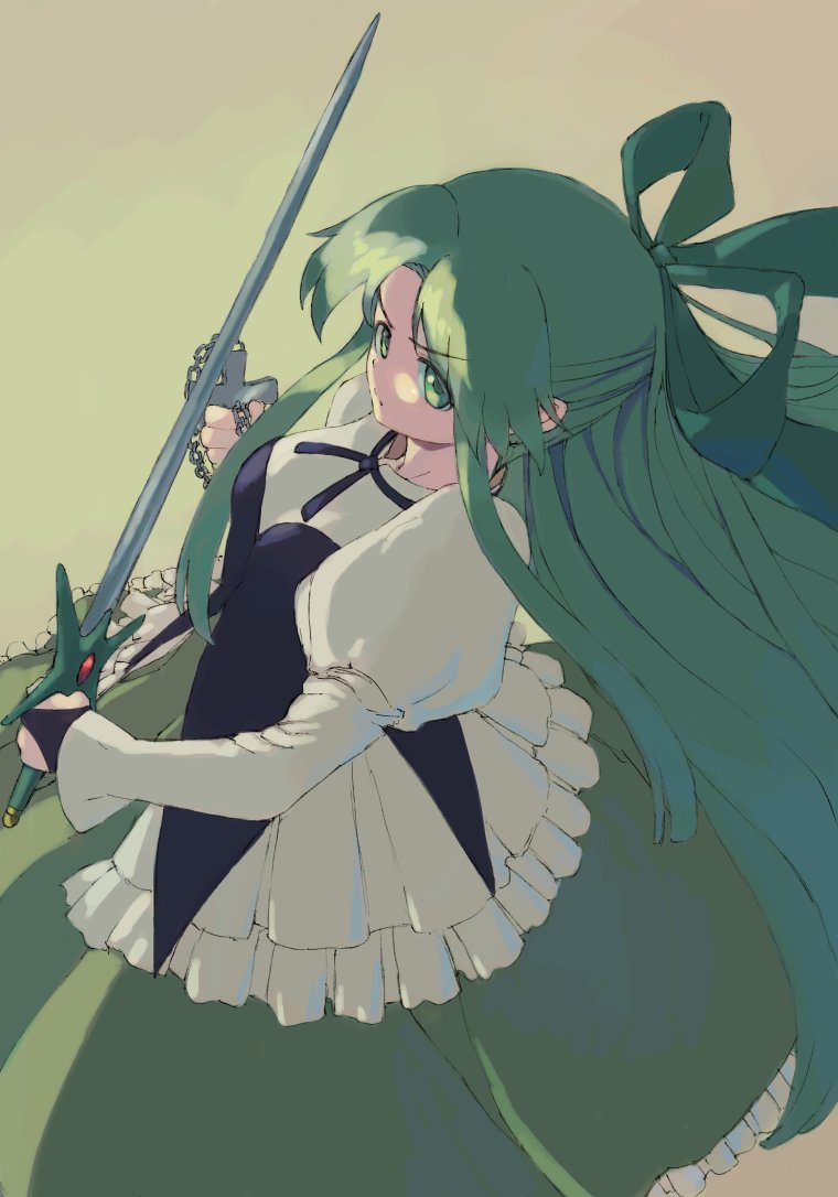 1girl bow bridal_gauntlets collar cross dress fia_(riviera) frills from_above green_bow green_eyes green_hair hair_bow half_updo holding holding_cross holding_sword holding_weapon juliet_sleeves long_sleeves looking_at_viewer looking_to_the_side parted_bangs puffy_sleeves riviera sidelocks solo sword vaison weapon