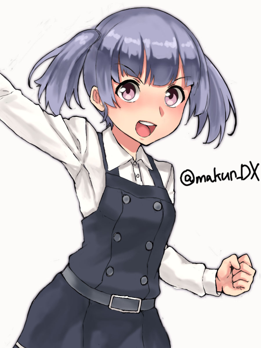1girl arm_up black_dress clenched_hand collared_shirt cowboy_shot dress dress_shirt grey_hair highres kantai_collection maakun_(makun_dx) medium_hair one-hour_drawing_challenge ooshio_(kancolle) open_mouth pinafore_dress round_teeth school_uniform shirt short_twintails simple_background sleeveless sleeveless_dress solo teeth twintails twitter_username upper_teeth_only violet_eyes white_background white_shirt