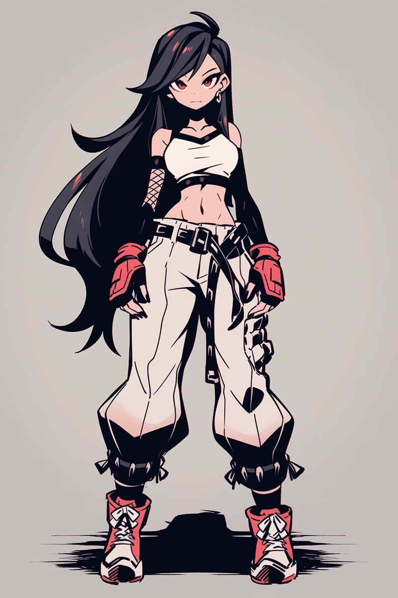 abs ai-generated alternate_costume baggy_pants belt black_hair dizzy_pixie earrings elbow_gloves final_fantasy final_fantasy_vii fingerless_gloves fishnets frown gloves highres jewelry long_hair looking_at_viewer midriff pants red_eyes red_gloves shoes sneakers tifa_lockhart