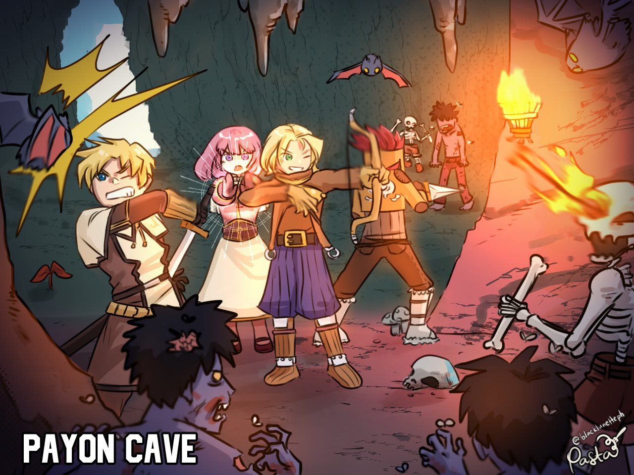 1girl 6+boys acolyte_(ragnarok_online) archer_(ragnarok_online) arrow_(projectile) bat_(animal) belt black_hair black_lunette blonde_hair blue_eyes boots bow_(weapon) brown_belt brown_footwear brown_gloves brown_jacket brown_pants brown_shirt brown_shorts capelet cave cave_interior commentary dagger english_commentary familiar_(ragnarok_online) fire full_body gloves green_eyes grin holding holding_bow_(weapon) holding_dagger holding_knife holding_sword holding_weapon in-universe_location jacket knife location_name long_sleeves looking_at_another medium_bangs multiple_boys muneate mushroom one_eye_closed open_mouth pants pink_eyes pink_hair purple_shorts ragnarok_online redhead shirt shoes short_hair shorts shrug_(clothing) skeleton skeleton_(ragnarok_online) skirt smile stalactite standing sword swordsman_(ragnarok_online) thief_(ragnarok_online) undead v-shaped_eyebrows weapon white_capelet white_skirt zombie zombie_(ragnarok_online)