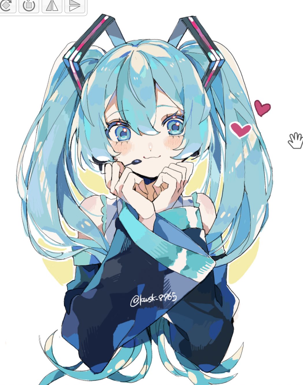1girl :3 art_program_in_frame bare_shoulders black_sleeves blue_eyes blue_hair blush closed_mouth commentary cropped_torso cursor detached_sleeves frilled_shirt frills hair_between_eyes hands_on_own_cheeks hands_on_own_face hatsune_miku headset heart highres kawasaki_(kwsk_8765) long_hair long_sleeves looking_at_viewer microphone shirt sleeveless sleeveless_shirt smile solo straight-on twintails twitter_username vocaloid white_shirt