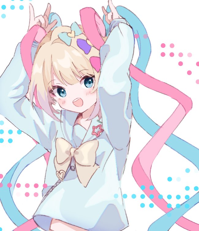 1girl :d arms_up blonde_hair blue_eyes blue_sailor_collar blue_shirt blush bow bowtie chouzetsusaikawa_tenshi-chan double_fox_shadow_puppet fox_shadow_puppet hair_bow hands_on_own_head kabe_(zp66104) looking_at_viewer multiple_hair_bows needy_girl_overdose open_mouth sailor_collar school_uniform serafuku shirt simple_background smile solo teeth upper_body upper_teeth_only white_background yellow_bow yellow_bowtie