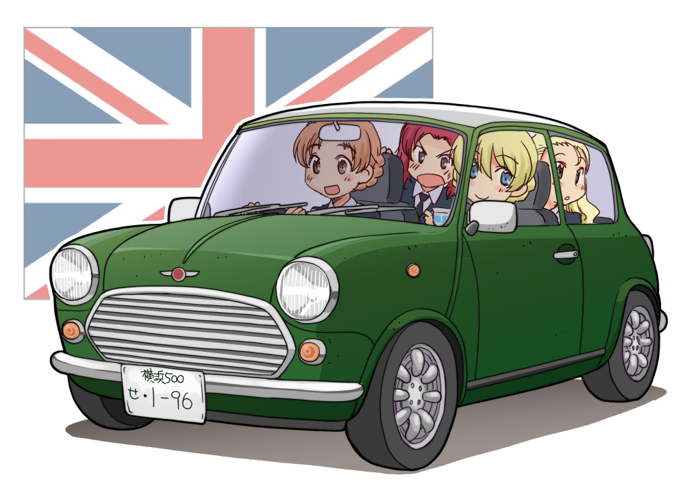 4girls assam_(girls_und_panzer) black_necktie blonde_hair blue_eyes blue_sweater braid car closed_mouth commentary darjeeling_(girls_und_panzer) dress_shirt driving flag_background frown girls_und_panzer long_sleeves looking_at_another looking_at_viewer looking_to_the_side mini_cooper motor_vehicle multiple_girls necktie open_mouth orange_hair orange_pekoe_(girls_und_panzer) parted_bangs parted_lips redhead rosehip_(girls_und_panzer) school_uniform shirt short_hair sitting smile st._gloriana's_school_uniform sweater twin_braids union_jack uona_telepin v-neck v-shaped_eyebrows vehicle_focus white_shirt wing_collar