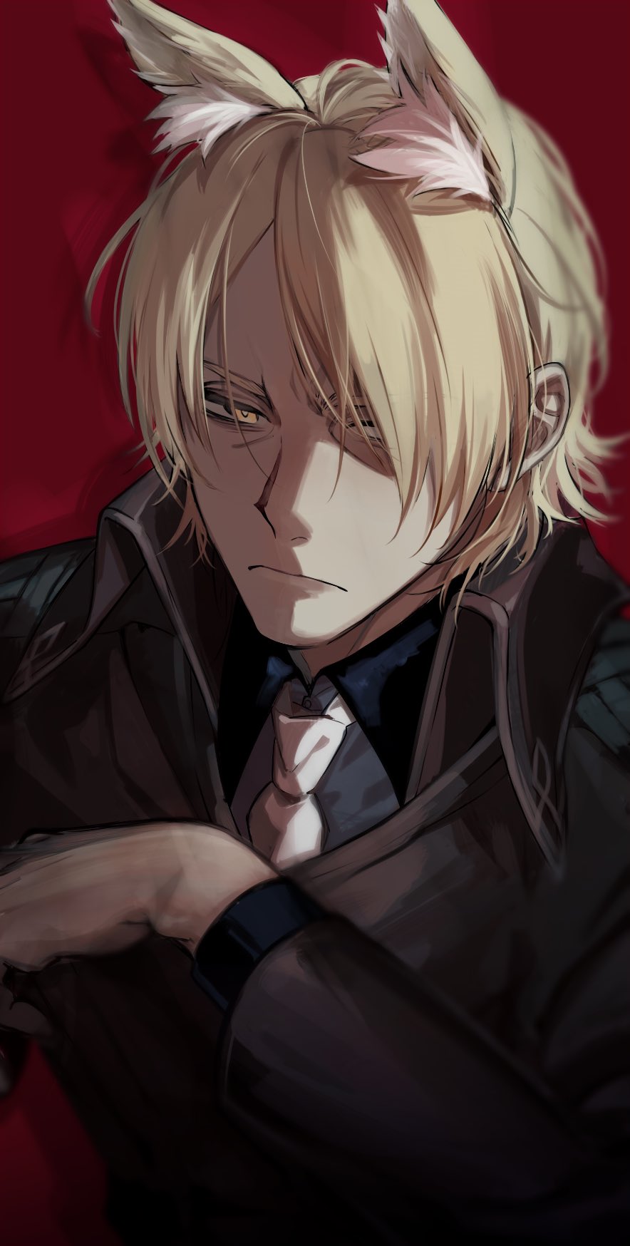 1boy angry animal_ear_fluff animal_ears arknights black_coat blonde_hair blue_shirt coat collared_shirt frown glaring hair_over_one_eye highres horse_boy horse_ears ieiieiiei looking_at_viewer male_focus mlynar_(arknights) necktie red_background shaded_face shirt short_hair simple_background solo upper_body white_necktie yellow_eyes
