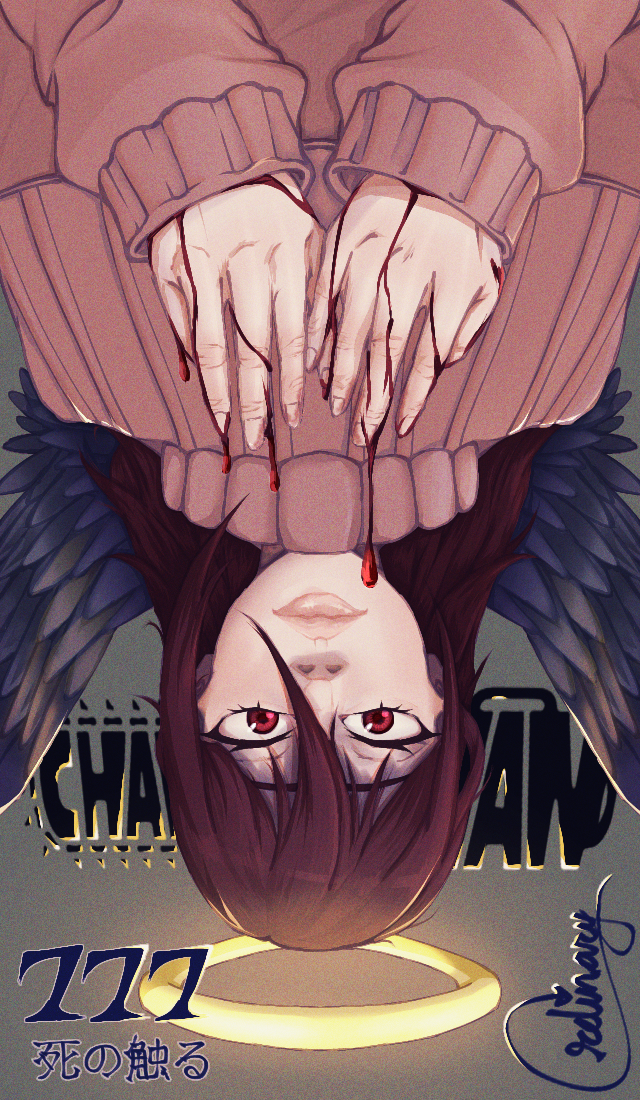0rdinaryguy 1girl angel_devil_(chainsaw_man) chainsaw_man copyright_name halo red_eyes redhead ribbed_sweater simple_background sweater upside-down wings