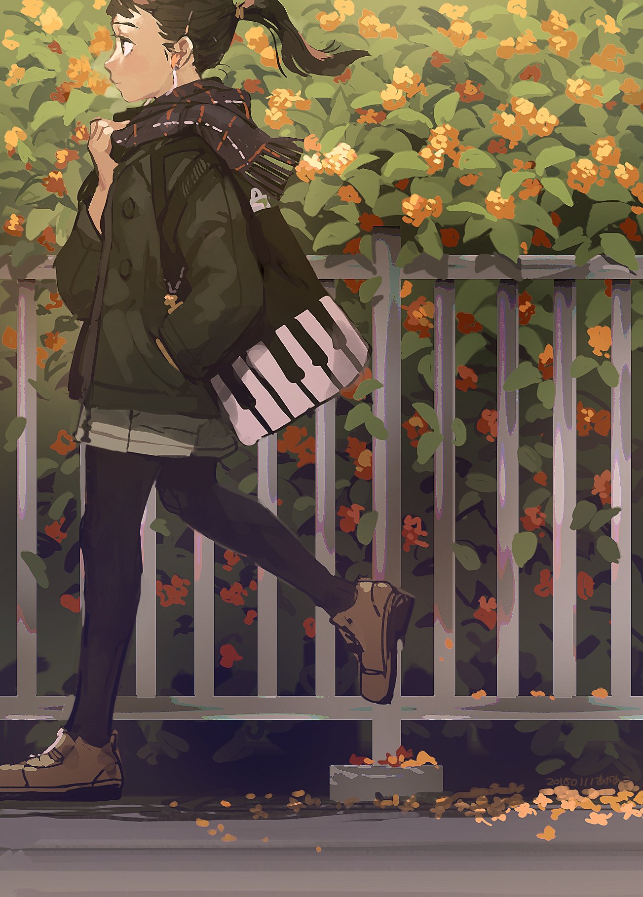 1girl akaneko_(redakanekocat) bag black_bag black_hair black_leggings black_scarf brown_eyes brown_footwear bush buttons closed_mouth coat commentary_request day earphones earphones expressionless fence flower fringe_trim from_side full_body green_coat green_sleeves hand_in_pocket highres jacket leggings long_hair long_sleeves looking_ahead open_clothes open_coat orange_flower original outdoors petals piano_print plaid plaid_scarf ponytail scarf shoes solo tote_bag walking white_jacket zipper zipper_pull_tab