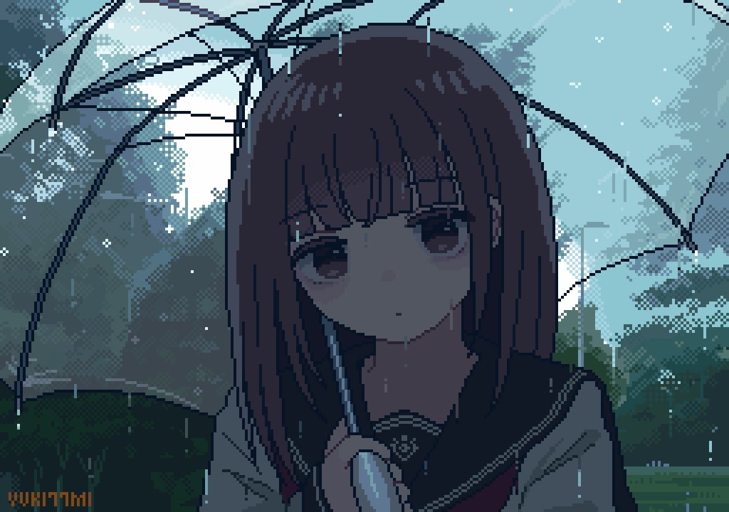 1girl bad_source pixel_art school_uniform umbrella