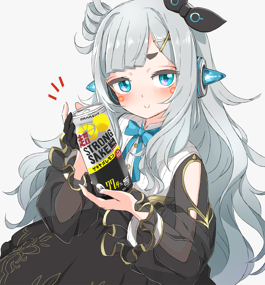1girl and_uge beer_can black_dress blue_bow blue_bowtie blunt_bangs blush bow bowtie buttons can circle_facial_mark closed_mouth commentary cowboy_shot dress drink_can flat_chest frilled_sleeves frills grey_background grey_hair hair_ornament hairclip hairpods holding holding_can long_hair long_sleeves looking_at_viewer medium_bangs nanashi_inc. notice_lines rokkaku_game see-through see-through_sleeves simple_background smile smug solo strong_zero symbol-only_commentary virtual_youtuber winding_key